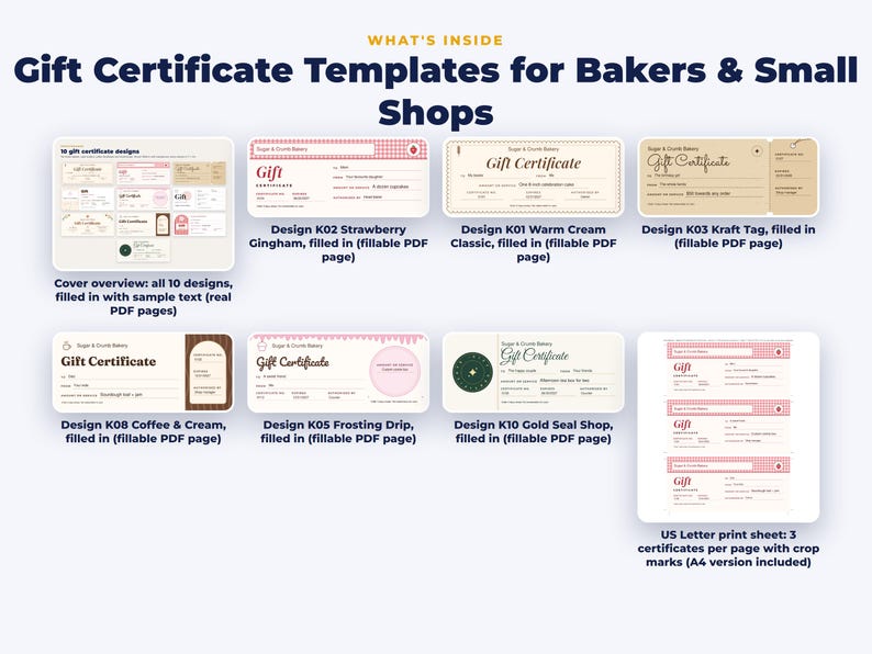 Everything included in the Gift Certificate Templates for Bakers & Small Shops