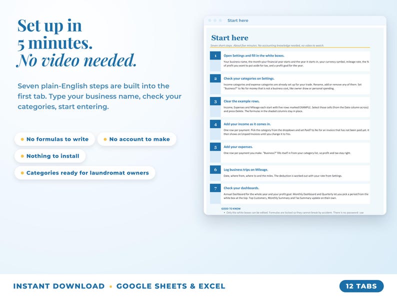 Start here tab with seven setup steps, no video needed
