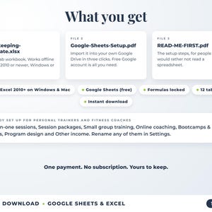 What is included: 12-tab Excel workbook, Google Sheets setup guide and read-me-first guide
