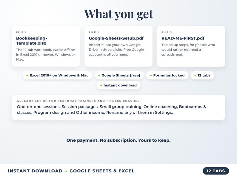 What is included: 12-tab Excel workbook, Google Sheets setup guide and read-me-first guide