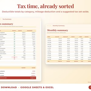 Tax summary with deductible totals, mileage deduction and suggested tax set-aside, plus monthly summary
