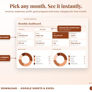 Monthly dashboard with a month dropdown, monthly profit, goal progress and category breakdown
