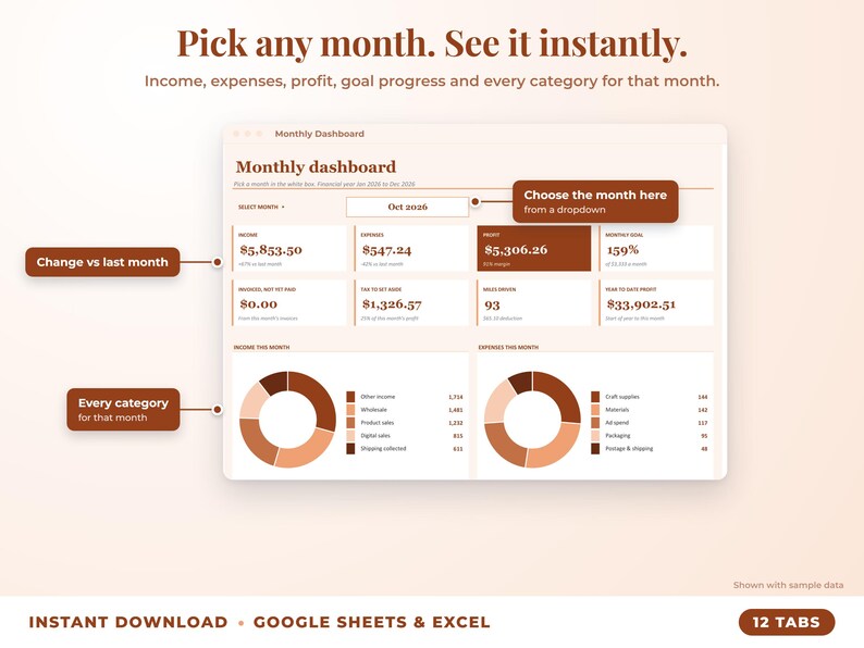 Monthly dashboard with a month dropdown, monthly profit, goal progress and category breakdown