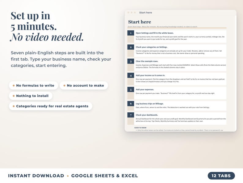 Start here tab with seven setup steps, no video needed