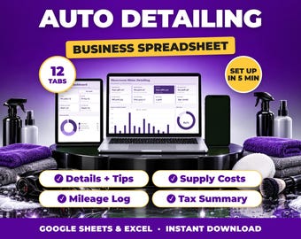 May include: An auto detailing business spreadsheet for Google Sheets and Excel. The image displays a laptop and tablet showing financial dashboards, surrounded by cleaning supplies, purple towels, and text labels including 12 Tabs, Set Up In 5 Min, Details + Tips, Supply Costs, Mileage Log, and Tax Summary.