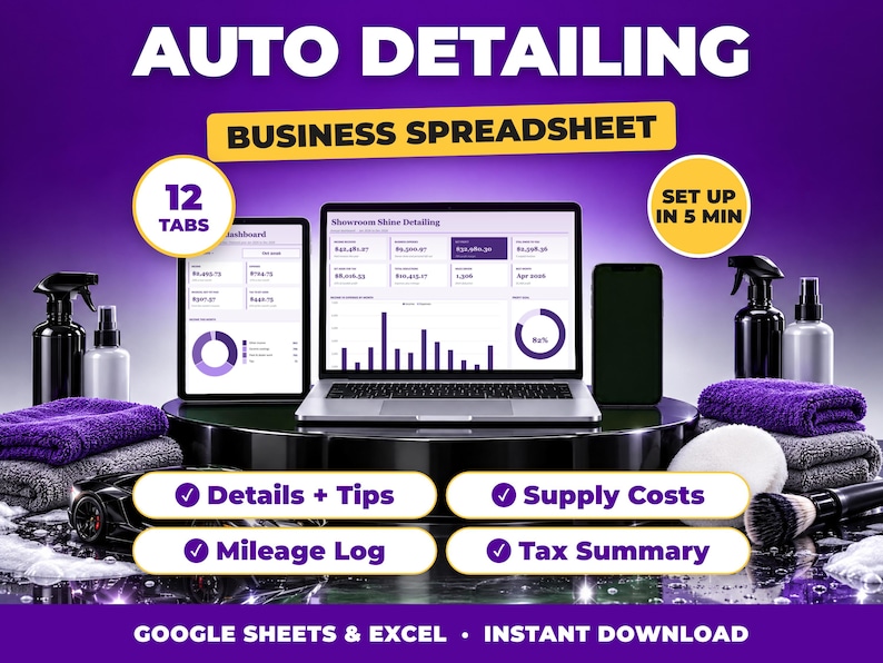 Auto Detailing bookkeeping spreadsheet for Google Sheets and Excel on laptop, tablet and phone