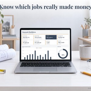 Contractor bookkeeping spreadsheet annual dashboard open on a laptop on a desk