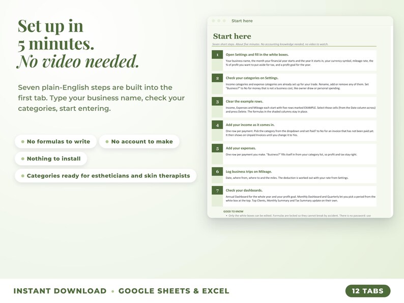 Start here tab with seven setup steps, no video needed