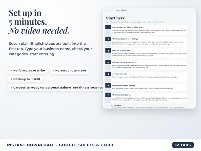 Start here tab with seven setup steps, no video needed