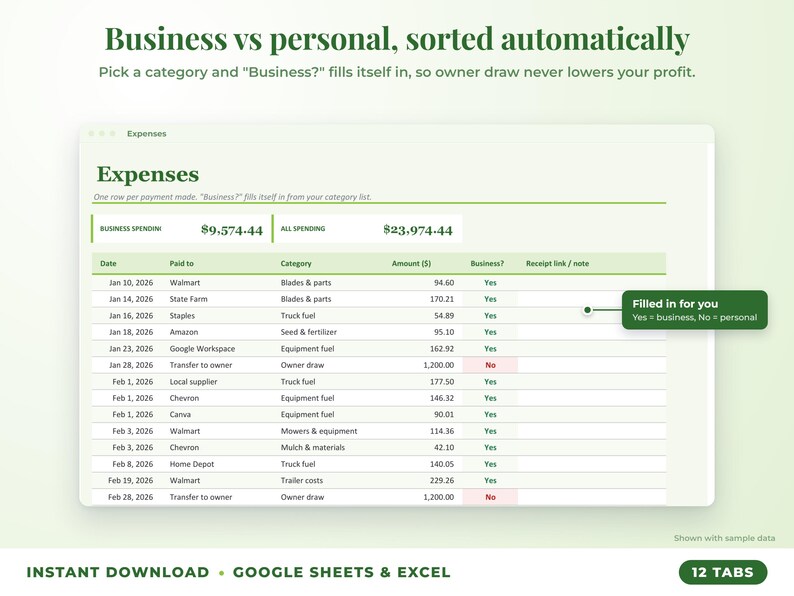 Expenses sheet where business or personal is filled in automatically from the category