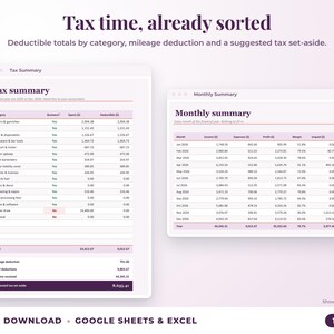 Tax summary with deductible totals, mileage deduction and suggested tax set-aside, plus monthly summary