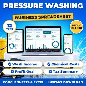 Pressure Washing bookkeeping spreadsheet for Google Sheets and Excel on laptop, tablet and phone