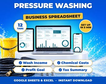 Kalkylblad för högtryckstvätt, inkomst- och utgiftsspårare för högtryckstvätt, körsträckalogg, skattesammanfattning (Google Sheets + Excel)