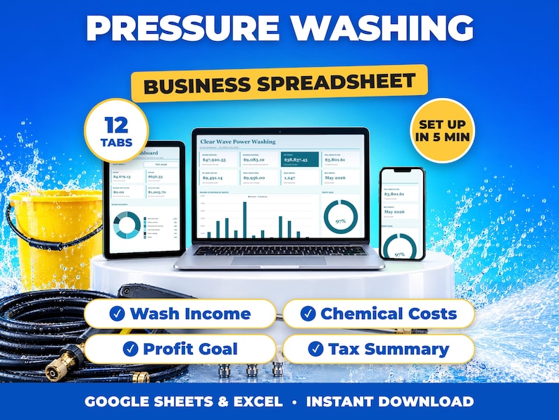 Pressure Washing bookkeeping spreadsheet for Google Sheets and Excel on laptop, tablet and phone