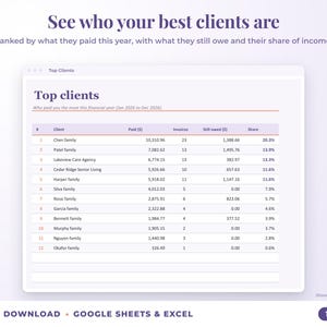Top clients ranked by income with invoices, amount owed and share of income