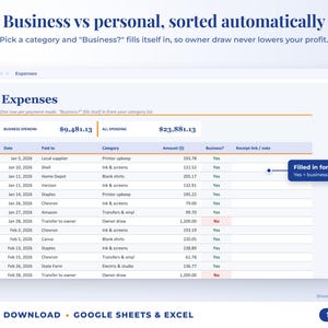 Expenses sheet where business or personal is filled in automatically from the category