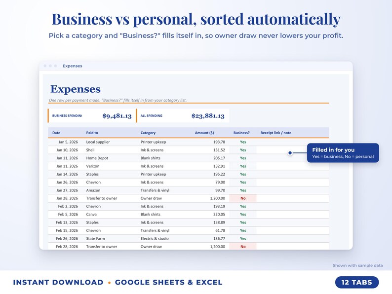 Expenses sheet where business or personal is filled in automatically from the category