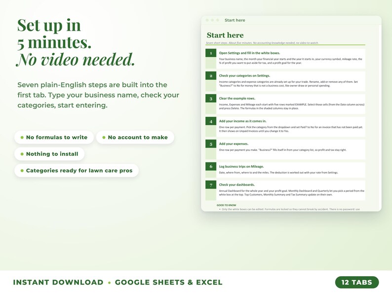 Start here tab with seven setup steps, no video needed
