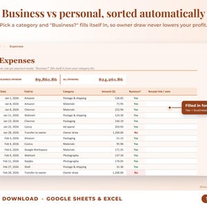 Expenses sheet where business or personal is filled in automatically from the category