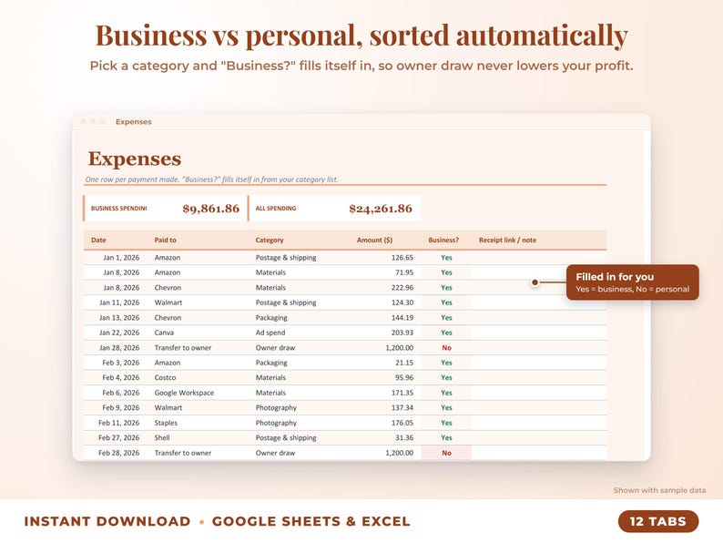 Expenses sheet where business or personal is filled in automatically from the category