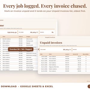Income sheet and unpaid invoices list with overdue flags