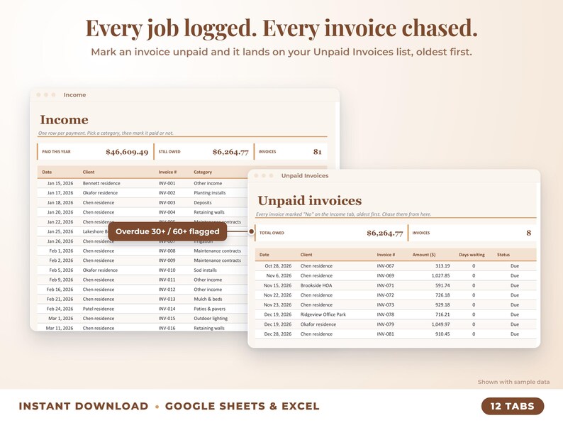 Income sheet and unpaid invoices list with overdue flags