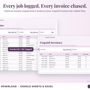 Income sheet and unpaid invoices list with overdue flags