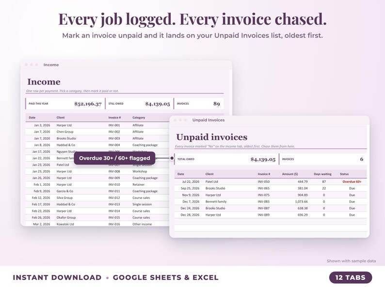 Income sheet and unpaid invoices list with overdue flags