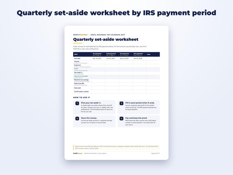 Small Business Tax Calendar 2027 + Quarterly Tax Tracker page preview