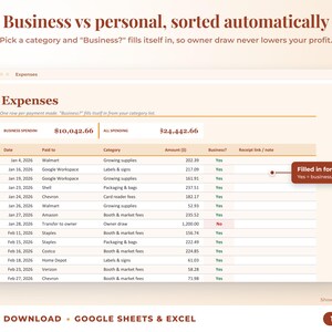 Expenses sheet where business or personal is filled in automatically from the category