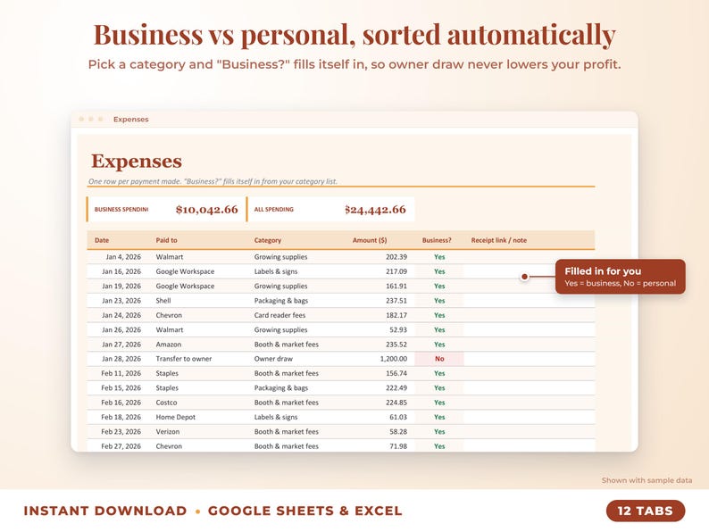 Expenses sheet where business or personal is filled in automatically from the category