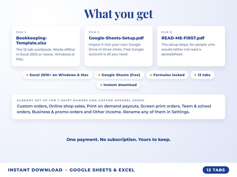 What is included: 12-tab Excel workbook, Google Sheets setup guide and read-me-first guide
