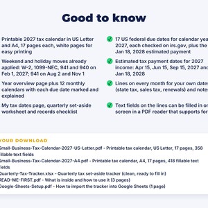 Small Business Tax Calendar 2027 + Quarterly Tax Tracker: details