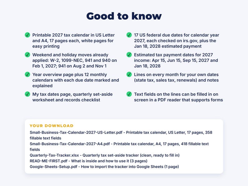 Small Business Tax Calendar 2027 + Quarterly Tax Tracker: details