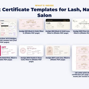 Everything included in the Gift Certificate Templates for Lash, Nail & Salon