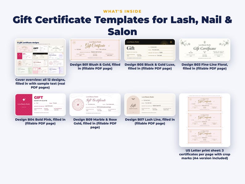 Everything included in the Gift Certificate Templates for Lash, Nail & Salon