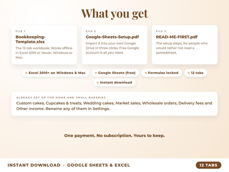 What is included: 12-tab Excel workbook, Google Sheets setup guide and read-me-first guide