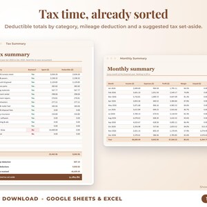 Tax summary with deductible totals, mileage deduction and suggested tax set-aside, plus monthly summary