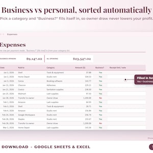 Expenses sheet where business or personal is filled in automatically from the category