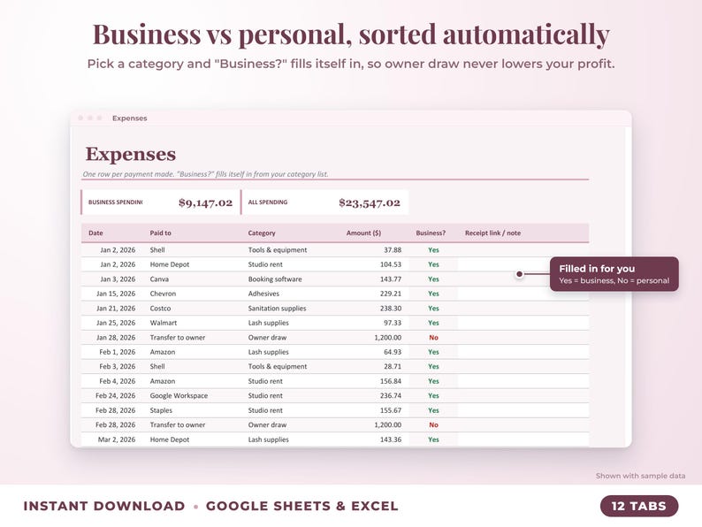 Expenses sheet where business or personal is filled in automatically from the category