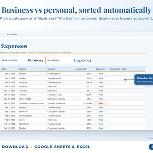 Expenses sheet where business or personal is filled in automatically from the category
