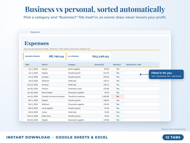 Expenses sheet where business or personal is filled in automatically from the category