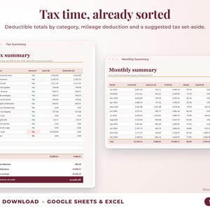 Tax summary with deductible totals, mileage deduction and suggested tax set-aside, plus monthly summary
