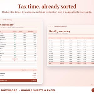 Tax summary with deductible totals, mileage deduction and suggested tax set-aside, plus monthly summary