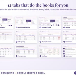 All 12 tabs of the bookkeeping spreadsheet: dashboards, income, expenses, mileage, unpaid invoices, top clients, tax summary