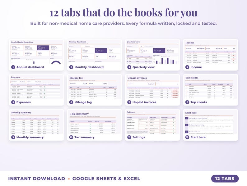 All 12 tabs of the bookkeeping spreadsheet: dashboards, income, expenses, mileage, unpaid invoices, top clients, tax summary