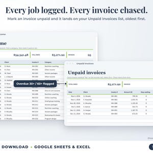 Income sheet and unpaid invoices list with overdue flags