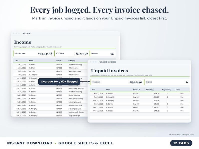 Income sheet and unpaid invoices list with overdue flags