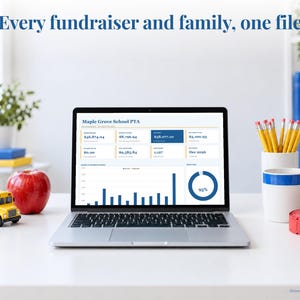 PTA Treasurer bookkeeping spreadsheet annual dashboard open on a laptop on a desk