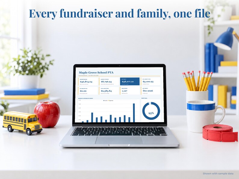 PTA Treasurer bookkeeping spreadsheet annual dashboard open on a laptop on a desk